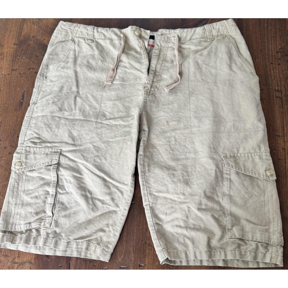 Sean John Shorts Mens 40 Beige Linen Cotton Cargo Flat Front Drawstring Casual